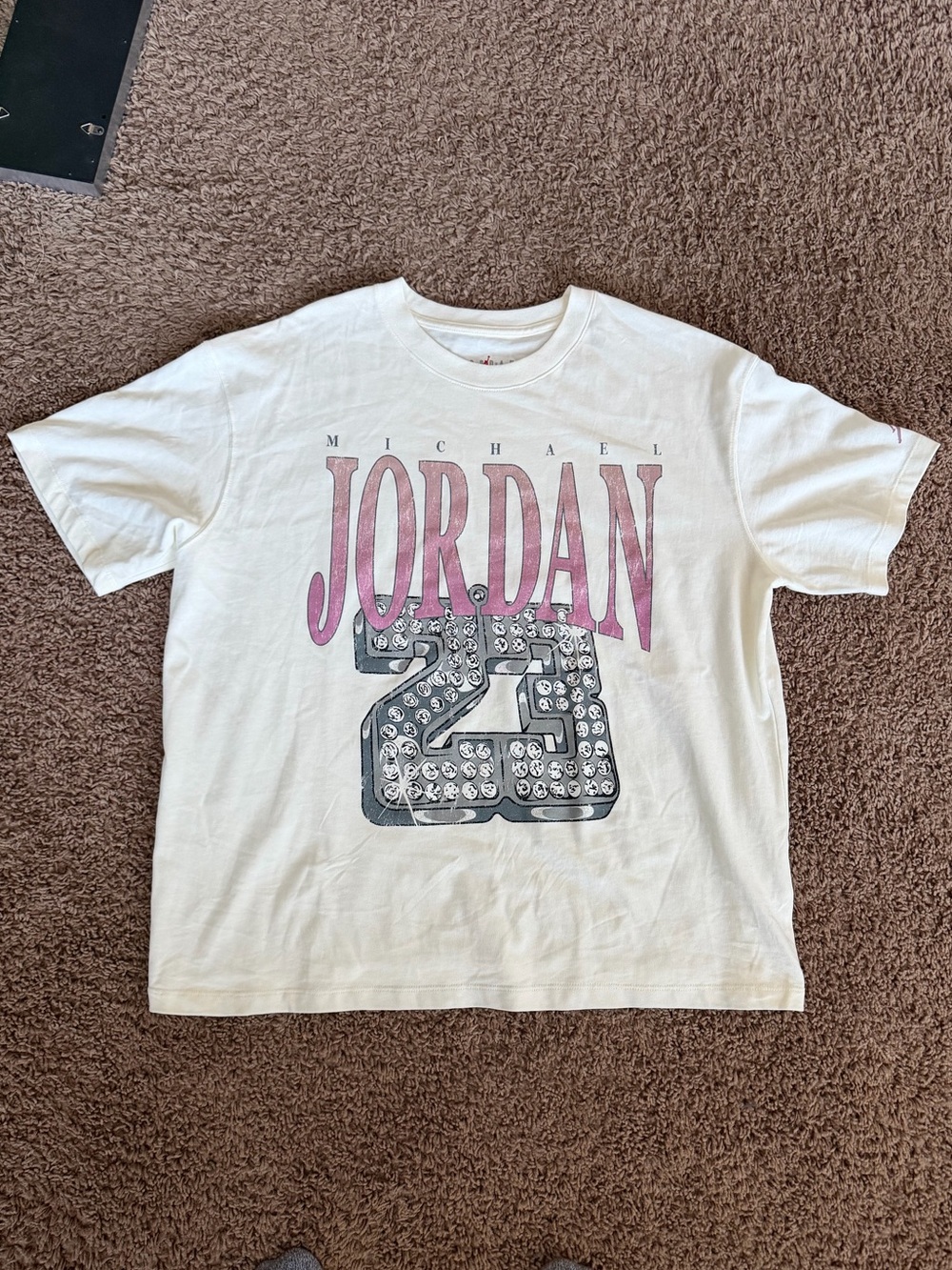 Jordan White Short Sleeve Tee with Pink Logo and Gray Graphic 23